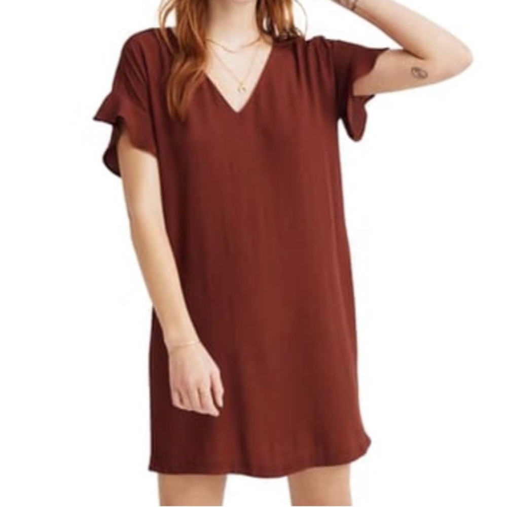 Madewell Ruffle-Sleeve Easy Dress / SMALL / RUSTED BURGUNDY
